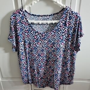 Lands' End Women's Blue and Pink Patterned Short Sleeve Top